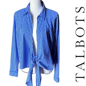 Talbots Blue & White Open Long Sleeve Shirt with Front Tie Closure Size 16P